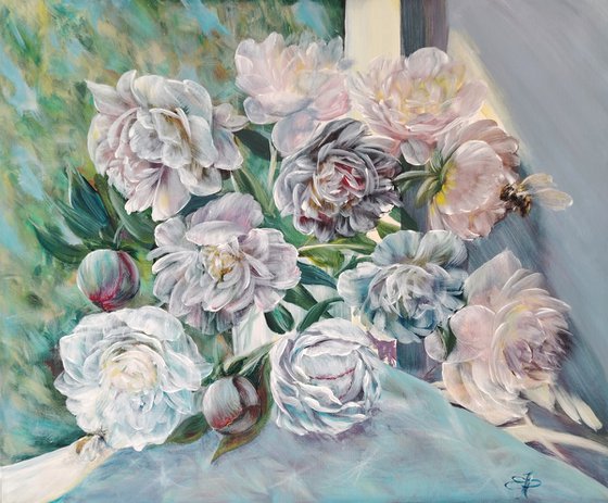 The Pionies bouquet with bees. Original.