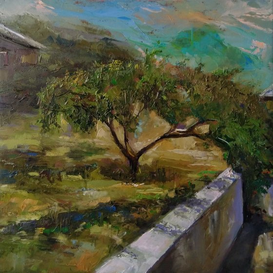Peach tree(42x42cm, oil painting, impressionism, ready to hang)