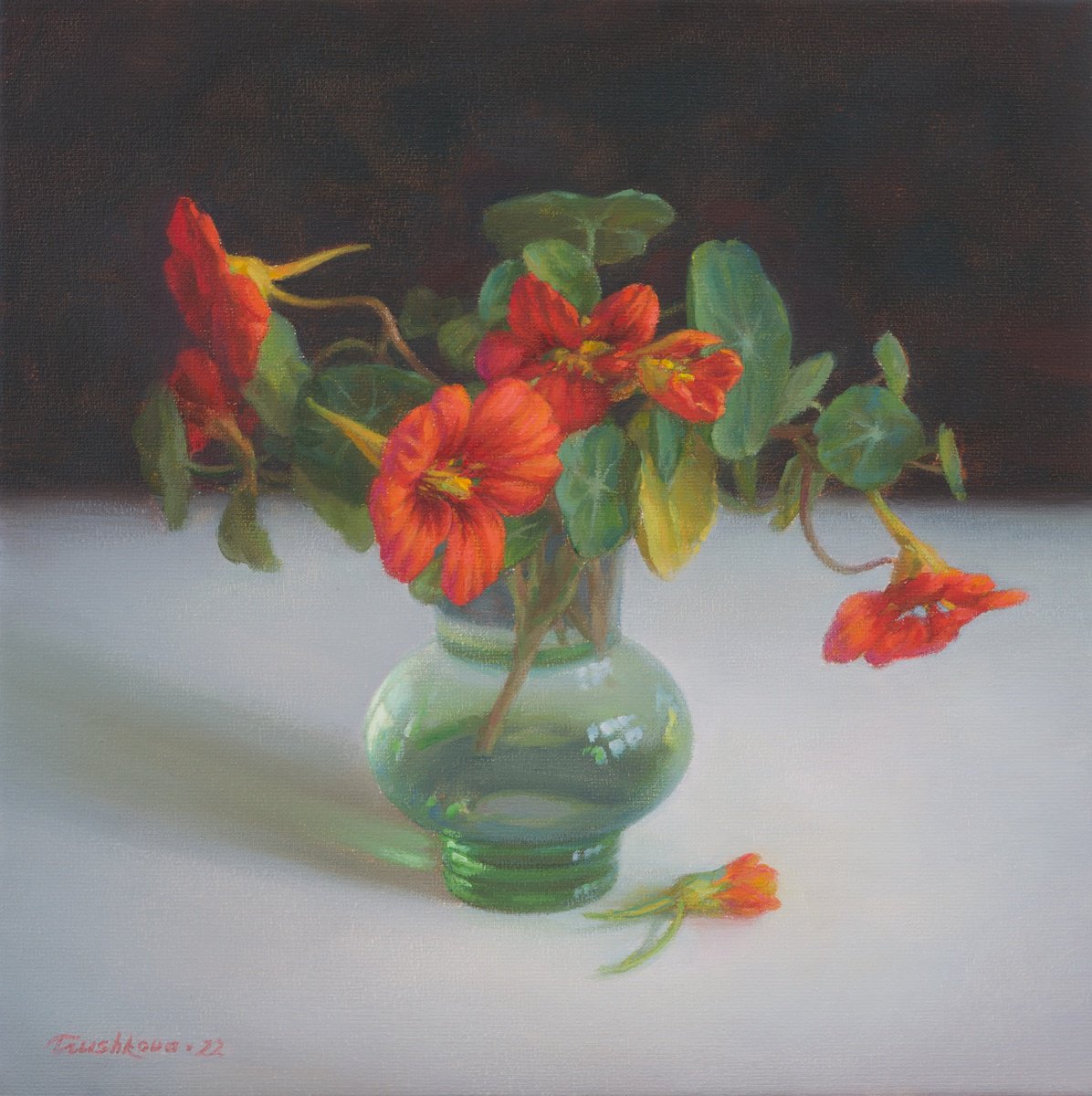 Photorealistic Still Life Oil Painting By Irina Trushkova, 12 X 12, Nasturtiums In Green Vase, Original Artwork