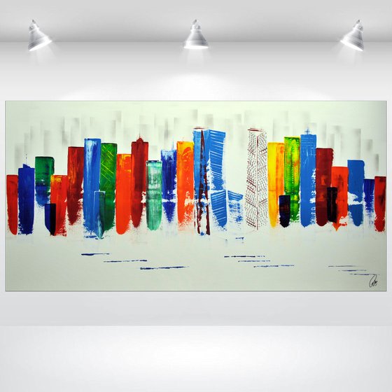 Exciting New York - XXL  abstract acrylic painting Skyline painting canvas wall art rainbow colors