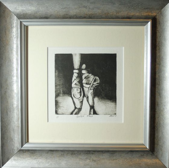 On Pointe, Ballet Shoes Print, Monoprint, Birds Monotype Print Framed and Ready to Hang