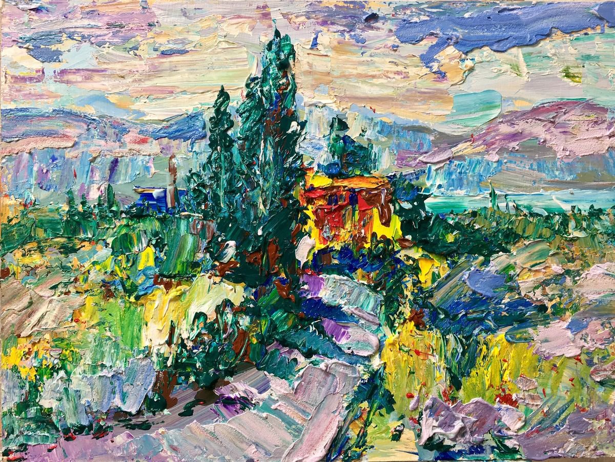 Expressive Landscape Acrylic Painting By Altin Furxhi, 16 X 12, Road To Florence Tuscany, Original Artwork