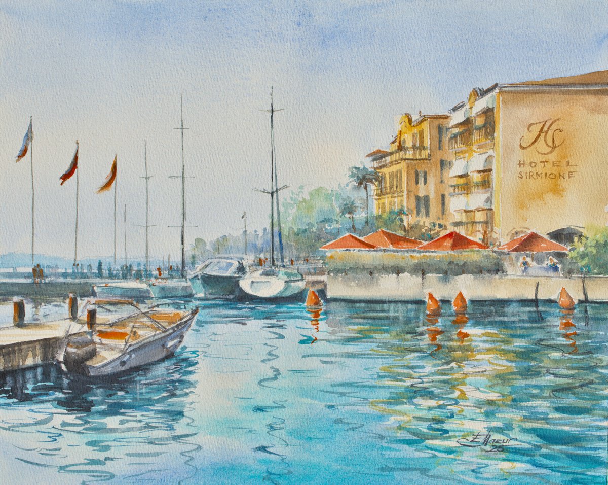 Impressionistic Cityscapes Watercolour By Eve Mazur, 15 X 12, Postcard From Sirmione. Italy., Original Artwork