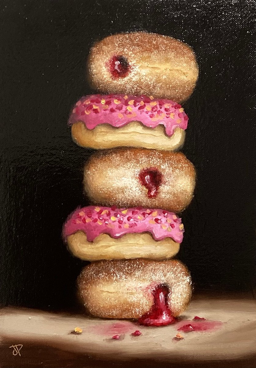Photorealistic Still Life Oil Painting By Jane Palmer Art, 9 X 13, Donut Tower Still Life, Original Artwork