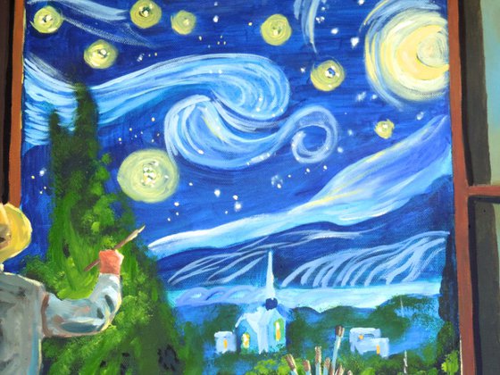 "Van Gogh & the Starry Night" oil on canvas painting