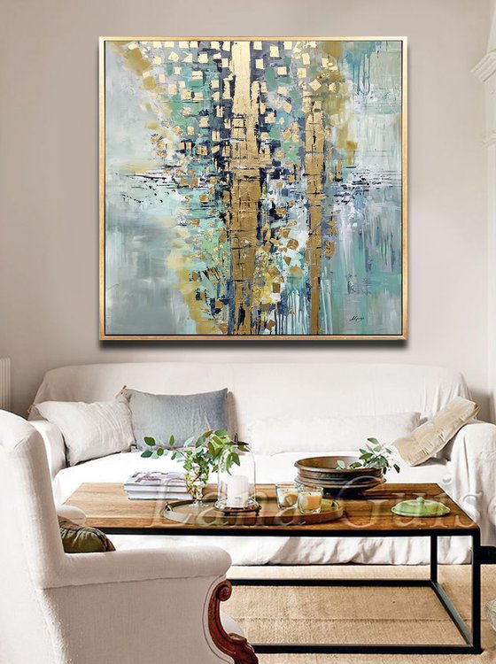Cascade - Abstract Painting Large Canvas, Gold Leaf, Minimalist Painting, Green Aqua Abstract Painting by Lana Guise