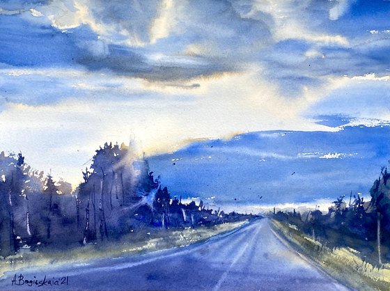 Road at twilight - original watercolor