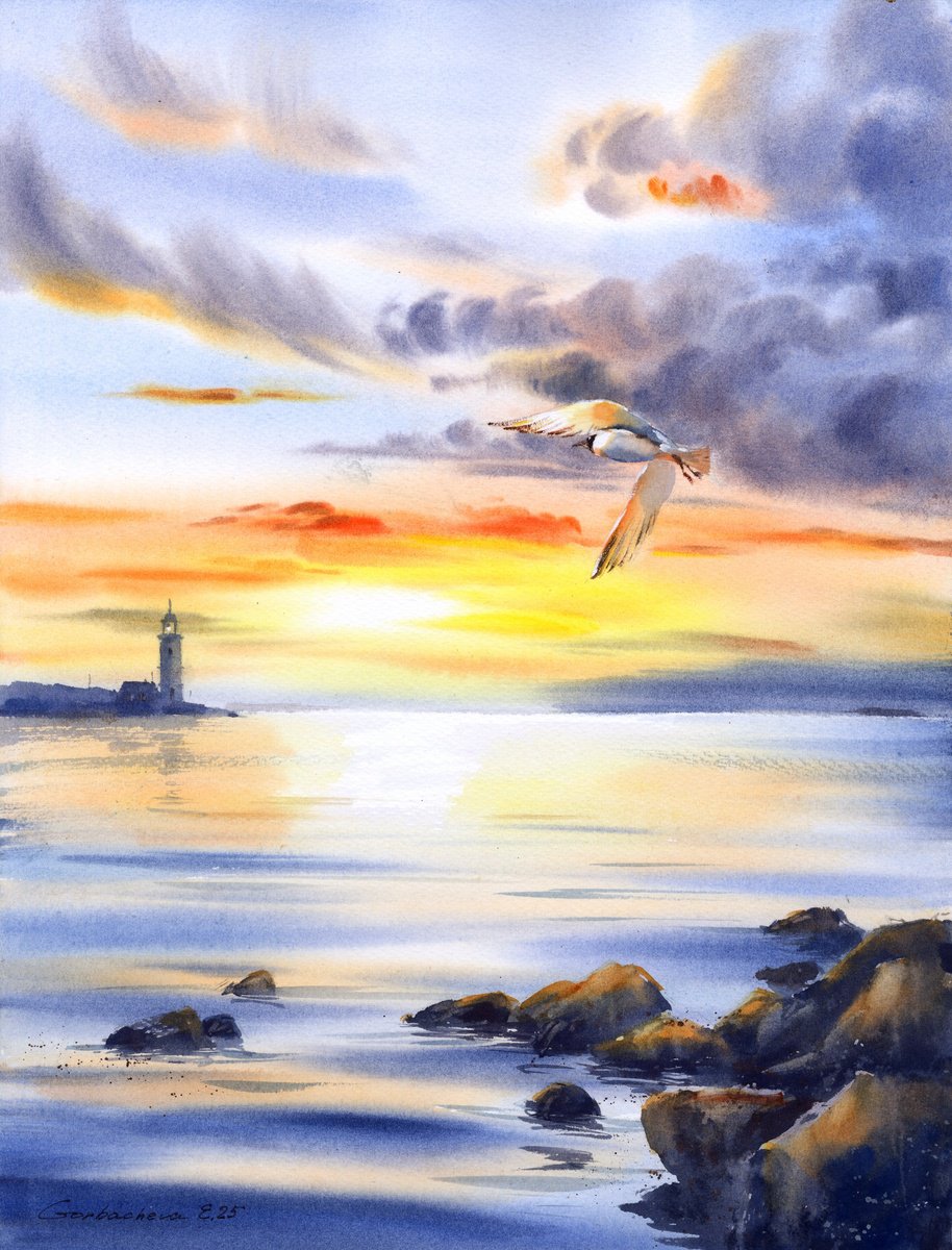 Impressionistic Watercolour , Golden Hour Flight By Eugenia Gorbacheva, 12 X 16, Artwork For Sale On Artfinder