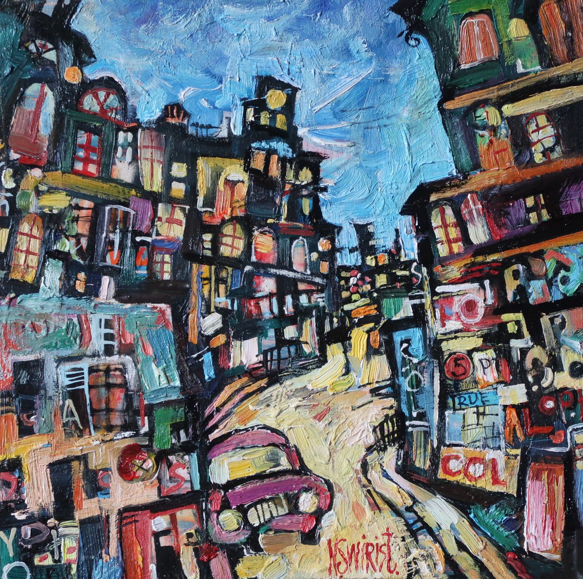 Expressive Cityscapes Oil Painting By Nikifor Swiristuhin, 11 X 11", Night Street Of Paris *, Original Artwork