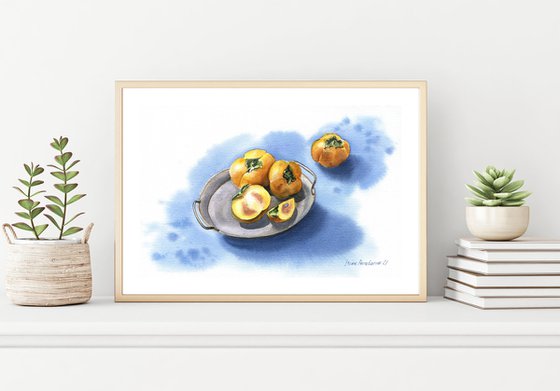 Orange fruit in blue original watercolor painting medium format, kitchen art, farmhouse decor