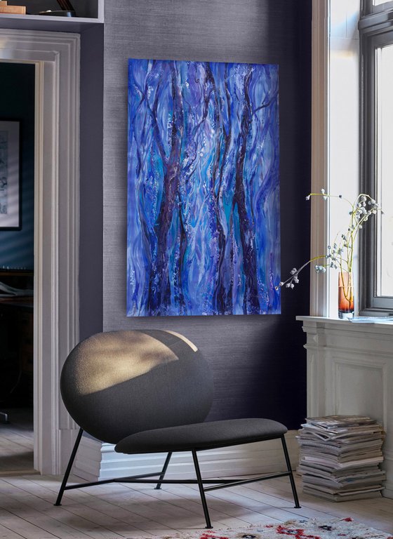 Large acrylic and pearl painting 100x160 cm unstretched canvas "Blue forest" i010 art original artwork by Airinlea