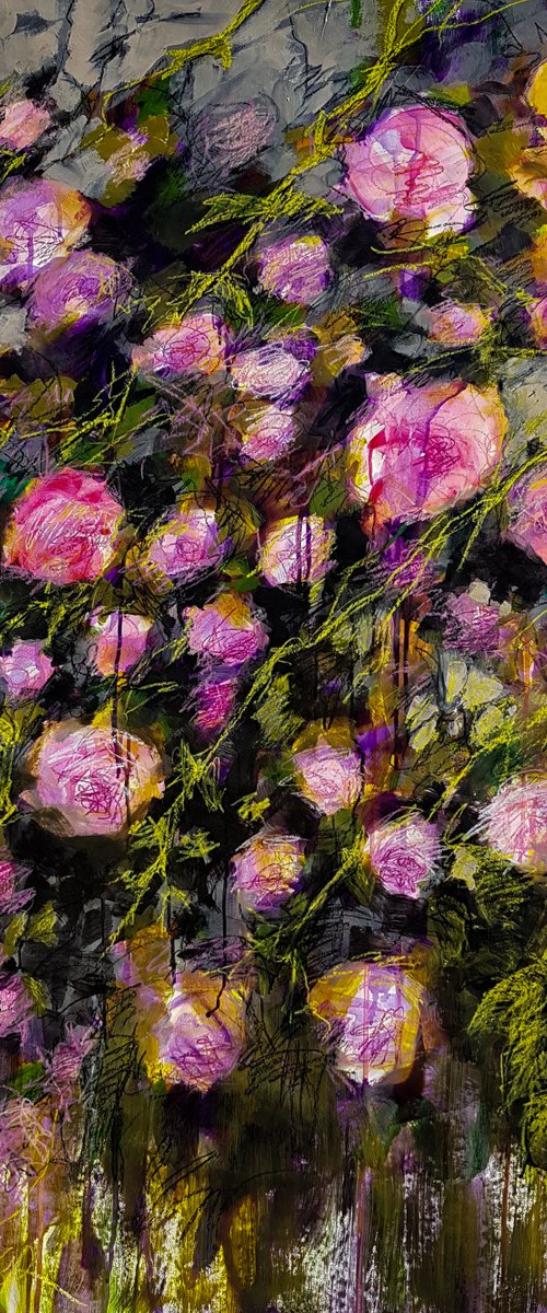 Roses, again and again ! Expressionistic vibrant painting - modern floral - contemporary decorative - LARGE UNSTRETCHED ARTWORK ON PAPER by Fabienne Monestier