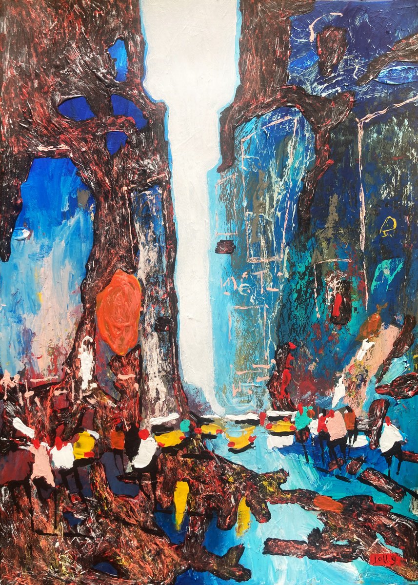 Abstract Cityscapes Acrylic Painting By Nicolas Jolly, 20 X 28", New York 138, Original Artwork