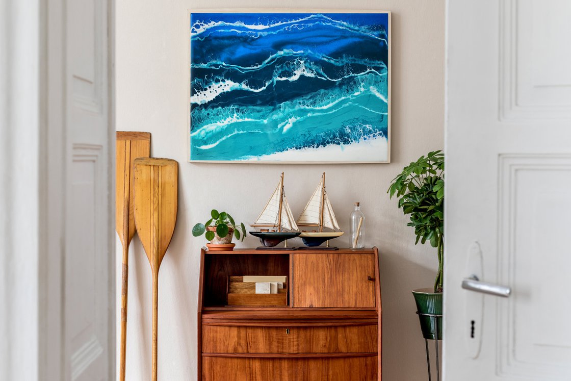 Ocean - original seascape resin artwork on board, turquoise waves,  realistic foam Mixed-media painting by Delnara El