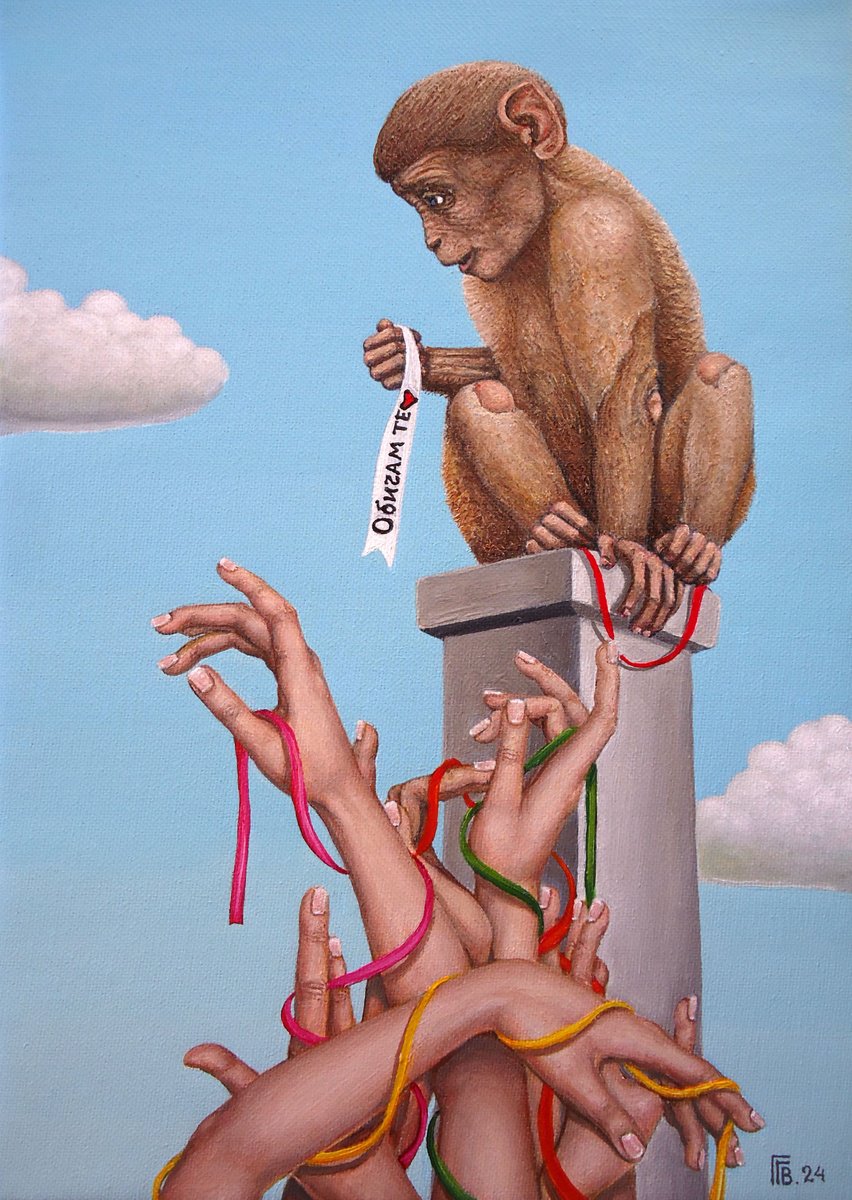 Surrealistic Animal Oil Painting By Grigor Velev, 10 X 14, Love, Original Artwork