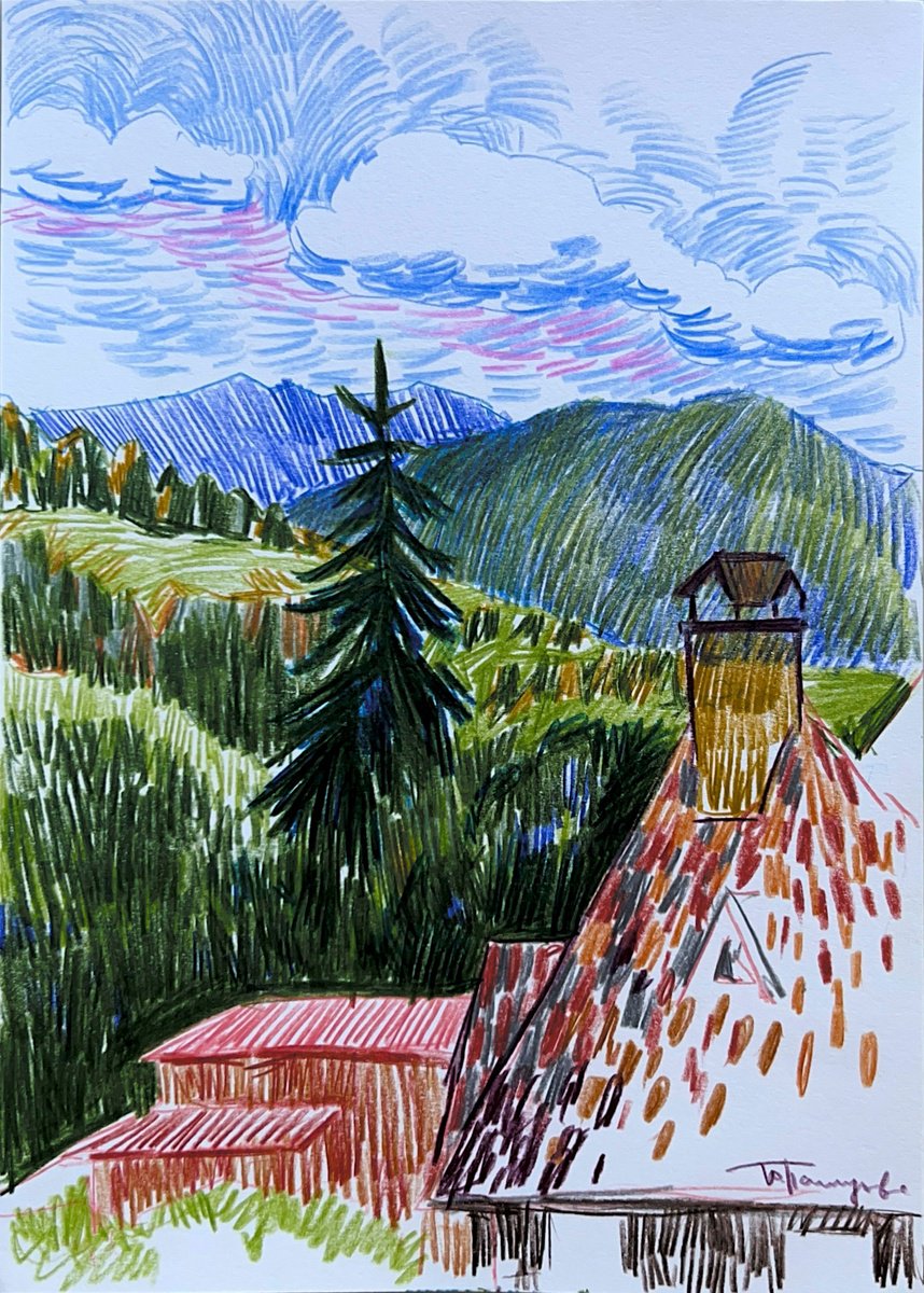 Graphic Landscape Pencil Drawing By Yuliia Pastukhova, 8 X 11", The Carpathian Mountains, Original Artwork