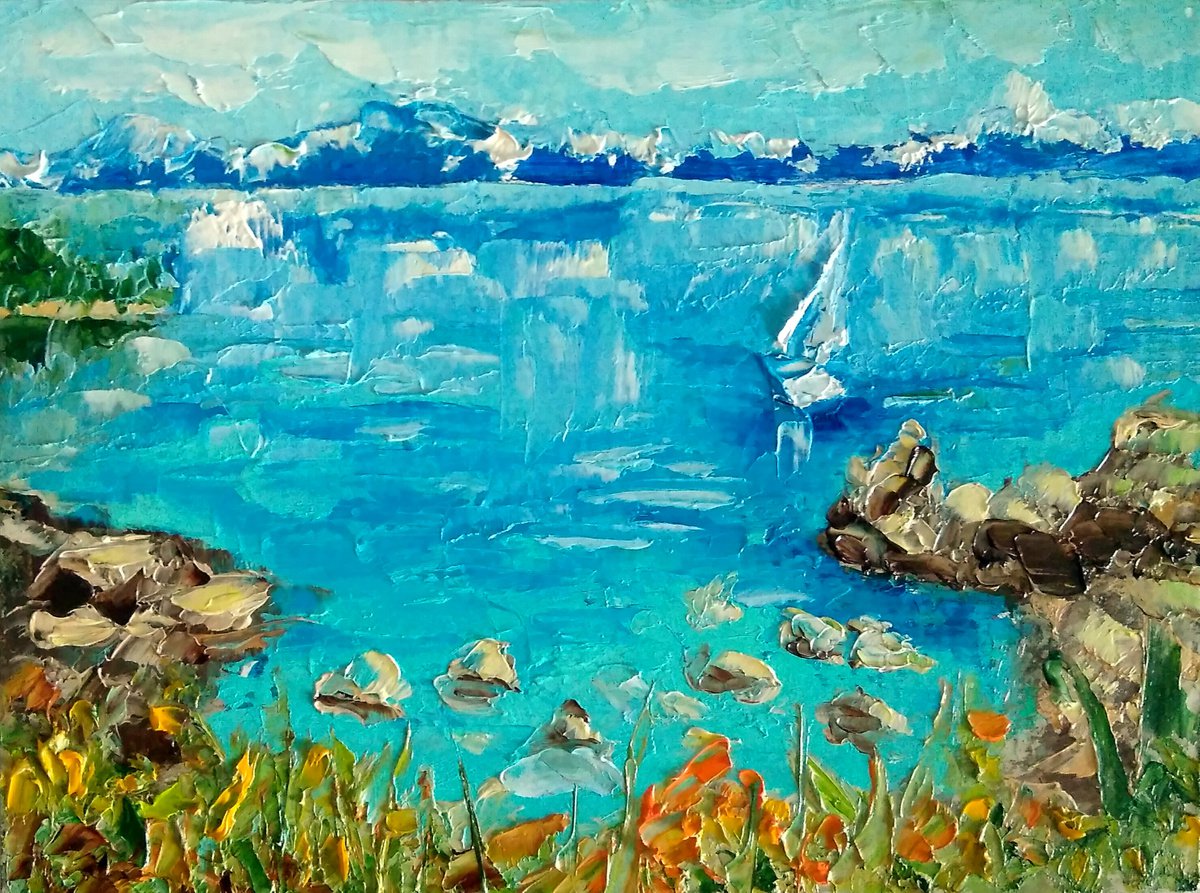Lake Tahoe Painting California Original Art Boat Wall Art Seascape Oil Impasto Painting by Yulia Berseneva