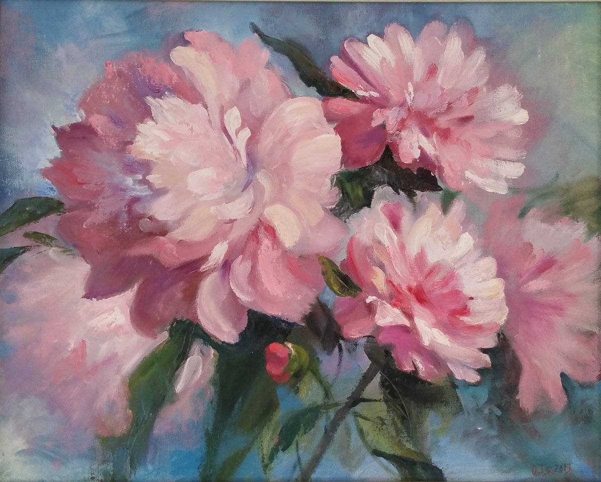 Expressive Botanical Oil Painting By Olga Lomax, 18 X 14", Peonies, Original Artwork