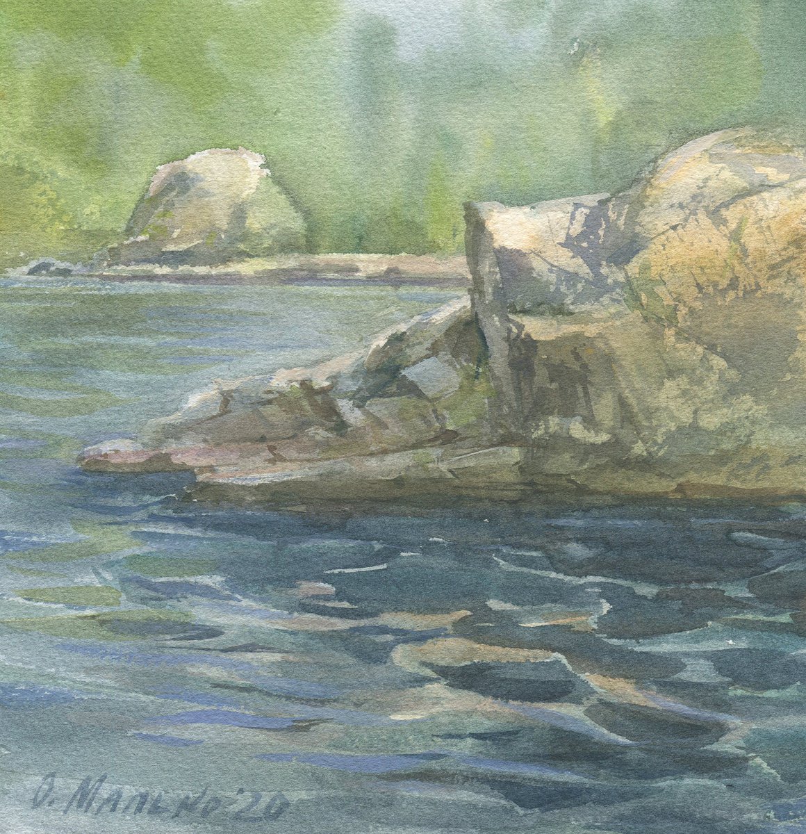 Bohuslav rocks. Deep blue water / Summer sketch. Original watercolor painting by Olha Malko