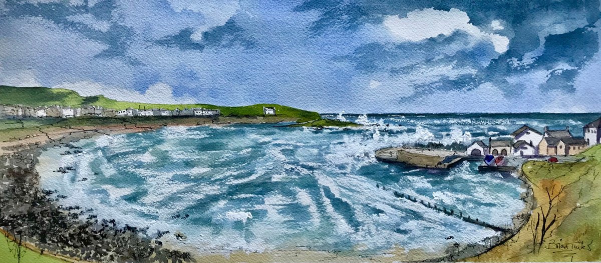 Impressionistic Landscape Watercolour By Brian Tucker, 18 X 8, Stormy Seas At Portballintrae, Original Artwork