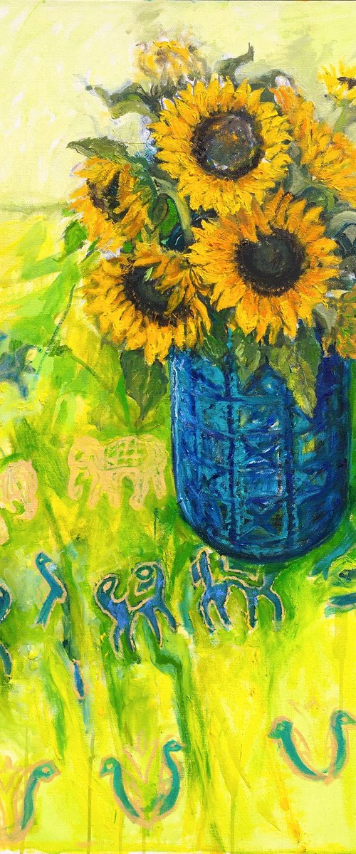 Sunflowers with African cloth by Patricia Clements