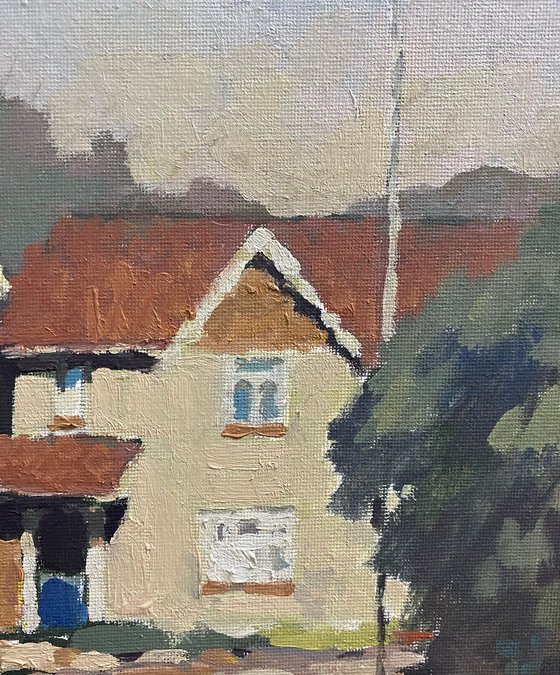 Original Oil Painting Wall Art Artwork Signed Hand Made Jixiang Dong Canvas 25cm × 30cm Nice Neighborhood small building Impressionism