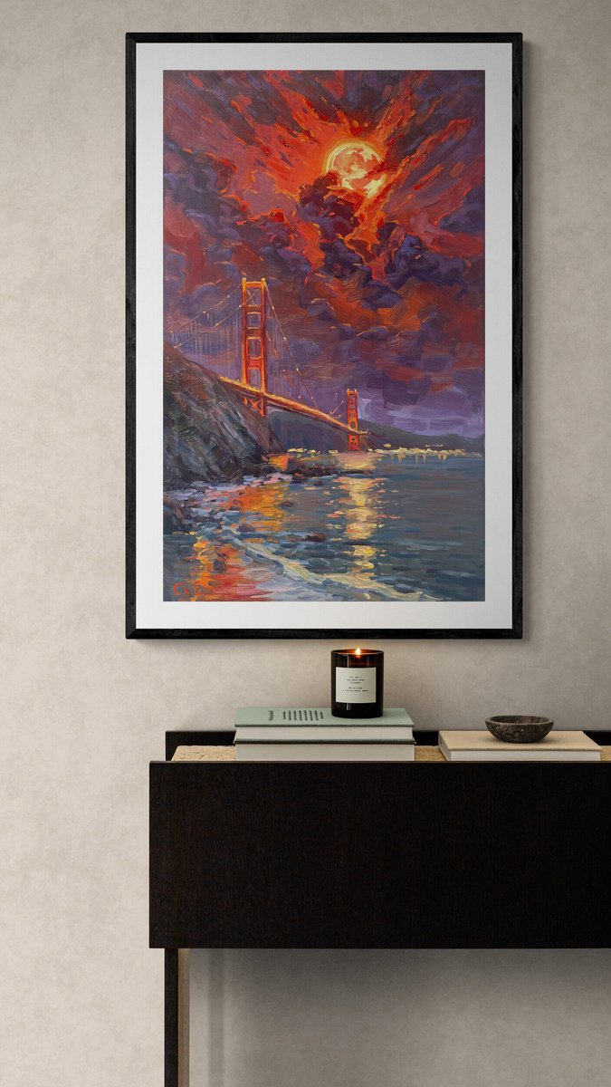 Impressionistic Cityscapes Oil Painting By Evgeny Chernyakovsky, 20 X 31, Full Moon, Original Artwork