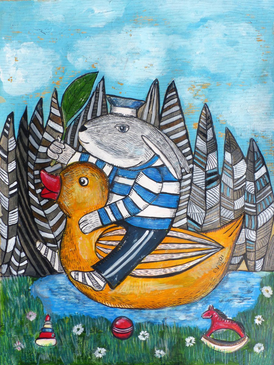 Naive Animal Painting By Elizabeth Vlasova, 18 X 24, The Small Voyage, Original Artwork