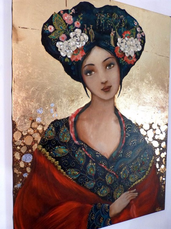 Woman asian portrait "Rendez vous sous le saule" 54x73cm