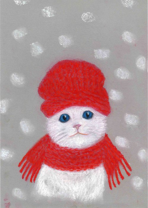 White cat with red hat and scarf by Yumi Kudo