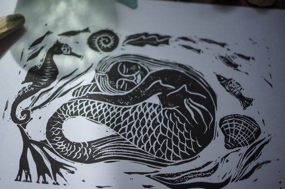 Mermaid Linocut Print