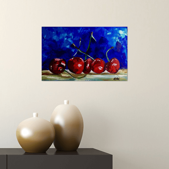 Cherries. Still life. Palette knife painting on linen canvas