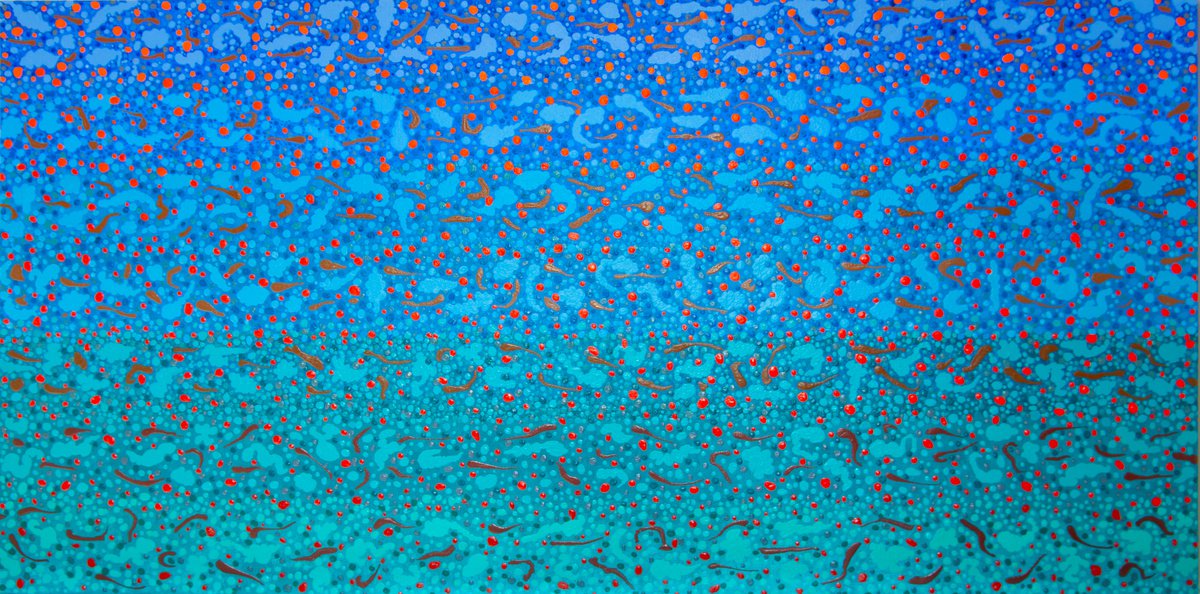 Organic Abstract Acrylic Painting By Josephine Window, 48 X 24", Turquoise Deeps 1, Original Artwork