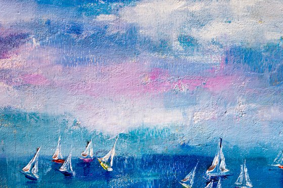 "Yachts at sea" ,  ships , sky