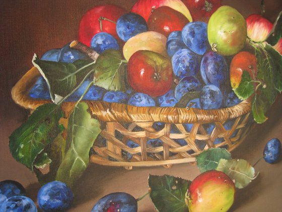 Basket of Plums and Apples