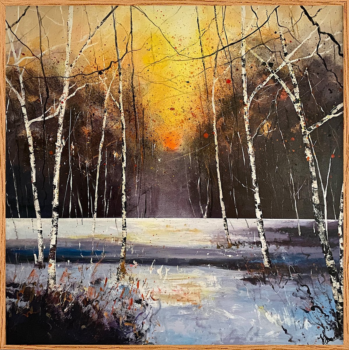 Impressionistic Landscape Painting By Teresa Tanner, 41 X 41", Silver Birch Trees Winter Day, Original Artwork