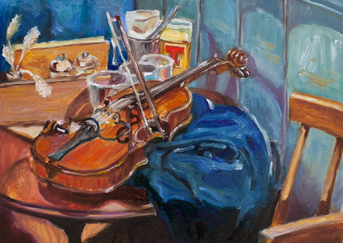 Expressive Still Life Oil Painting By Liudmila Pisliakova, 10 X 8", Tuning The Fiddle Framed, Original Artwork