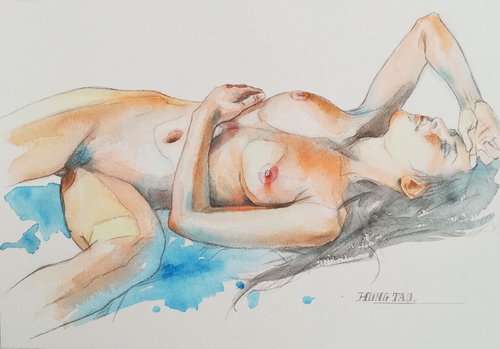 Watercolor female nude #19827 by Hongtao Huang