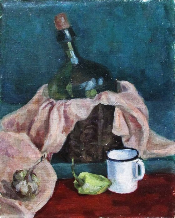 Still life painting with bottle
