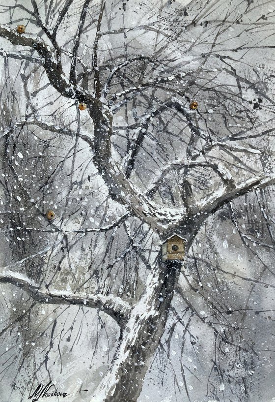 Winter apple tree in the snow