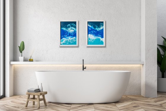 Diptych "My ocean" - set of 2 original seascape 3d artwork, framed, ready to hang