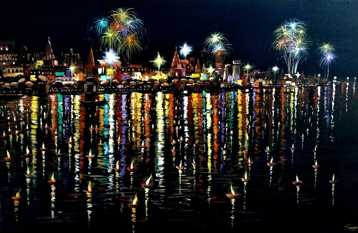 Impressionistic Cityscapes Acrylic Painting By Samiran Sarkar, 36 X 23", Beauty Of Deepawali Night At Varanasi, Original Artwork