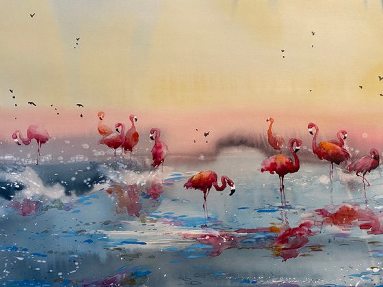 SOLD Watercolor “Flamingos Heaven” perfect gift