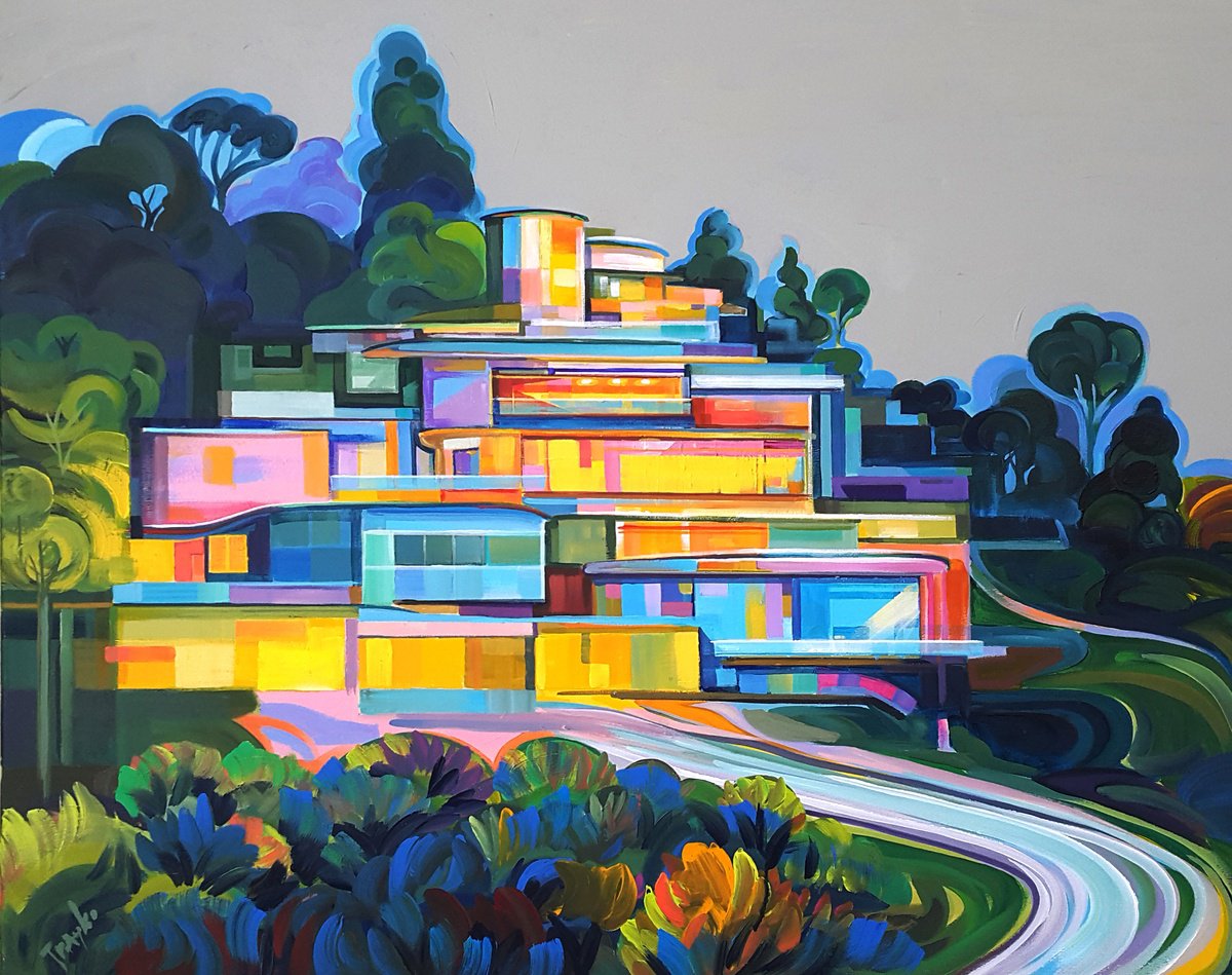 Abstract Landscape Acrylic Painting By Trayko Popov, 39 X 31", The House Of Light, Original Artwork