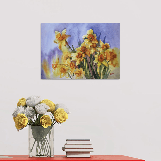 Bouquet of daffodils. Spring flowers. Botanical painting.