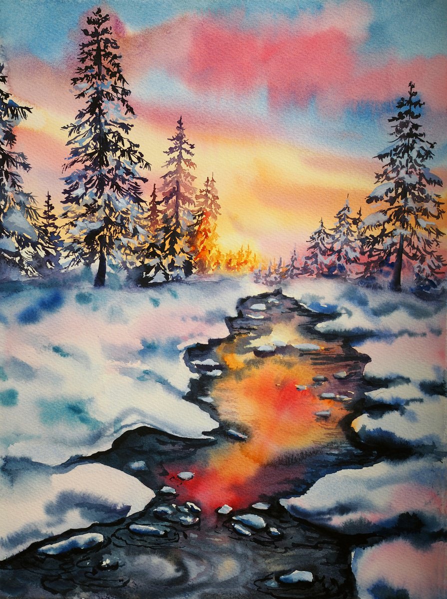 Impressionistic Landscape Watercolour By Delnara El, 11 X 15, Winter Sunset, Original Artwork