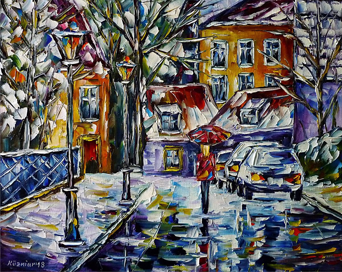 Expressive Cityscapes Oil Painting By Mirek Kuzniar, 20 X 16", Village In Winter, Original Artwork