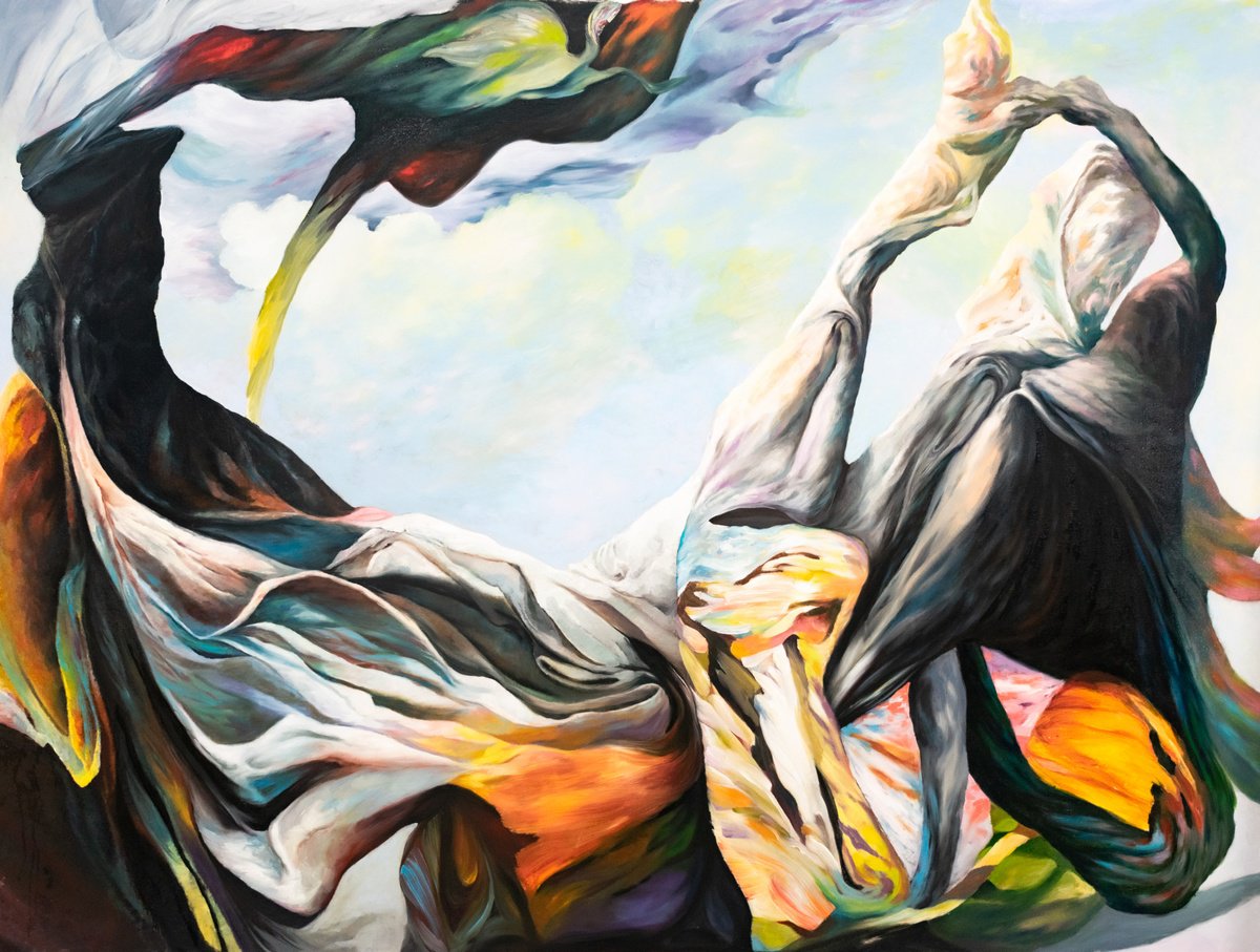 Surrealistic Landscape Oil Painting By Dan Laurentiu Arcus, 71 X 55, First Flight From The Nest, Original Artwork