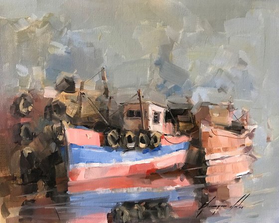 Tugs, Original oil painting, Handmade artwork, One of a kind