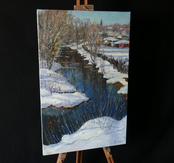 Sunny spring day at the river - sunny landscape painting